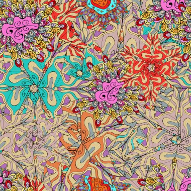 Vektör. Dikişsiz güzel kumaş desen. Bej, tarafsız, siyah ve gri renkler doodles.