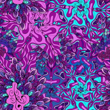 Mor, mavi ve mor renkler. Kartları, davetiyeler, tarihi kartları ve daha birçok kaydetmek için kullanılabilir. Karalamalar. Vektör çizim. Sorunsuz dekoratif arka plan.