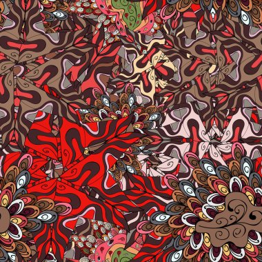Vektör çizim. Desen kahverengi, siyah ve kırmızı renkler. -hisse senedi. Kupa baskı, Bebek giyim, duvar kağıdı, sarma kutuları vb kullanılabilir. Sorunsuz şirin kumaş deseni. Soyut karalamalar desen