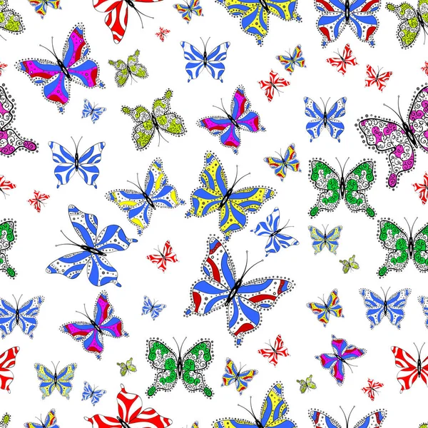 Kockás Textil Nyomtatás Pillangó Varrat Nélküli Mintát Irkál Vázlat Doodle — Stock Vector