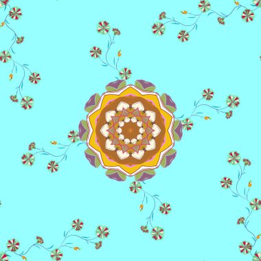 Düz çiçek öğeleri tasarım. Vektör moda kumaş deseni. Mavi, tarafsız ve yeşil renklerle sevimli çiçek deseni. Bahar Tema Dikişsiz desen arka plan rengi.