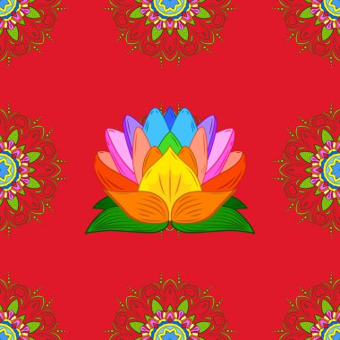 Tropikal sorunsuz çiçek desenli. Vektör çizim. Çiçekleri kırmızı, yeşil ve turuncu renkler.