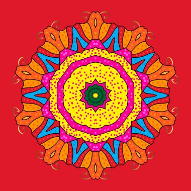 Logo, oyun, kapağı için kart tasarımı. Vektör kutsal geometri yuvarlak kırmızı, turuncu ve sarı renkler üzerinde parlayan yıldız simgesiyle renkli.