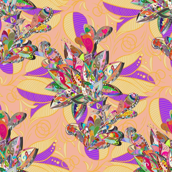 Elle çizilmiş çiçek elemanları ile soyut sorunsuz vektör desen. Bej, sarı ve mor renkler. İpek eşarp çiçek açan çiçekler ile. 1950'lerde 1960'larda motifler. Retro tekstil tasarım koleksiyonu.