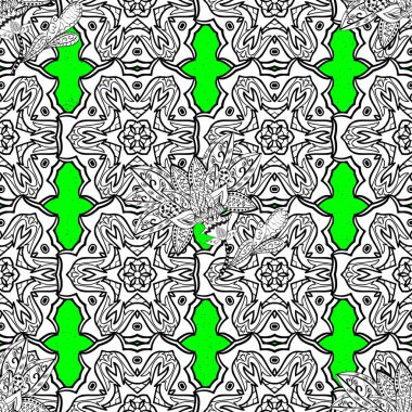 Beyaz, siyah ve yeşil renkler beyaz karalamalar ile şirin öğeleri ile Seamless modeli. Dikişsiz şirin desen. Vektör şark süsleme.