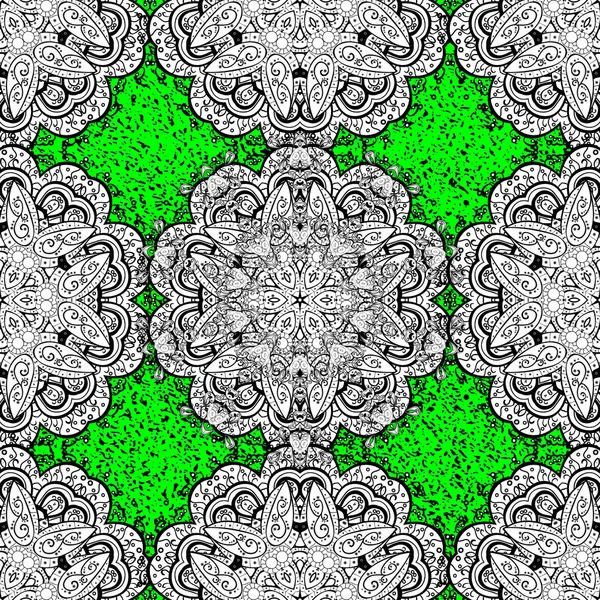 Damask Seamless Pattern Repeating Background Nice White Black Green Floral — Stock Vector