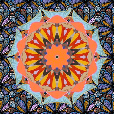 Hint çiçek mandala. Anti-stres mandala. Oryantal güzelleşmek vektör. Dekoratif renkli yuvarlak süsleme. Renkli mandala. Yoga logo, arka plan için meditasyon poster.