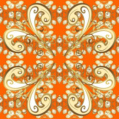 Altın çiçek süsleme barok tarzı. Turuncu, bej ve kahverengi renkleri altın öğesinde. Altın çiçek seamless modeli. Damasko arka plan.