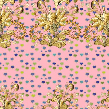 Tarafsız, sarı ve kahverengi renkleri altın elemanları ile Vintage seamless modeli. Vektör çizim.