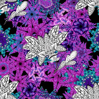 Çiçek arka plan. Çiçek kompozisyon. Vektör desen. Güzel desen küçük çiçek. Çiçek kolaj. Doğa. -siyah, mor, mavi, beyaz ve mor çiçekler.