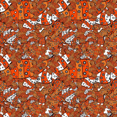 Tasarım. Dikişsiz desen baskı. Doodles'ın turuncu, siyah ve beyaz renkler. Güzel kumaş deseni. Düz öğeleri. Vektör.