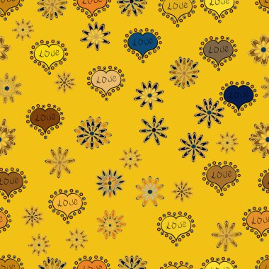 Vektör çizim. Aşk ve tatil tema. Sevgililer günün kutlu olsun. Gerçekçi güzel sarı, kahverengi ve siyah kalp ile Seamless modeli.