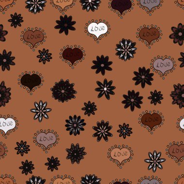 Kalpler seamless modeli. Bebek arka plan ile renkli kalpler. Kahverengi, siyah ve gri renkler öğelerinde kalp kroki. Düz arka plan tasarımı için. Valentine': s gün. Vektör çizim. Kağıt ambalaj.