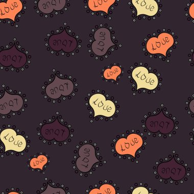 El illüstrasyon karikatür tarzında çekilmiş. Vektör. Şirin yazı hat metin ve kalpleri, zarflar, kesintisiz aşk desenle doodles. Mor, siyah ve kahverengi renkleri üzerinde grafik kalpleri sevgi.