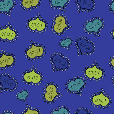 Küçük mavi, yeşil kalp zemin üzerinde ince vektör desen. Sevgiliye arka plan. Basit minimalist geometrik sorunsuz doku. Dekorasyon, tekstil, ambalaj için modern tasarım. Aşk Romantik Tema