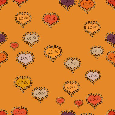 Soyut kesintisiz aşk desen. Vektör. Kızlar için romantik duvar kağıdı. Kız gibi tekrarlanan zemin ile kalpleri, kroki tarzı turuncu, siyah ve bej renkler üzerinde çizim. Sevgililer günü ambalaj kağıdı.