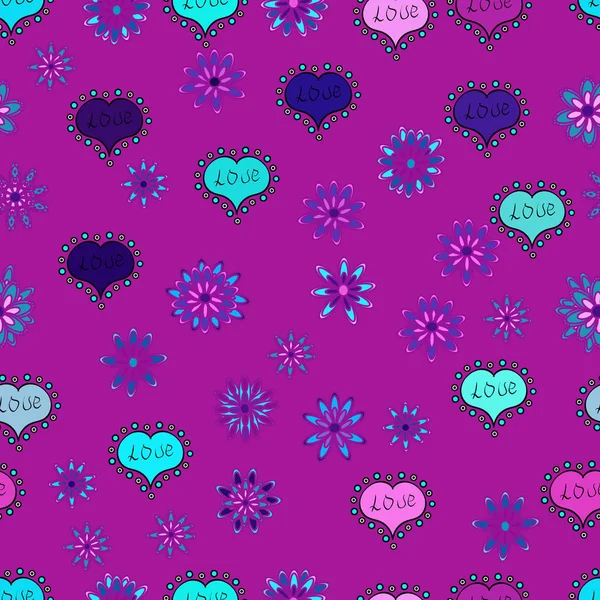 要素の背景に紫 黒の色 あなたの創造性のベクトル パターン 落書き心と愛碑文でシームレスなお祝いテクスチャ — ストックベクタ