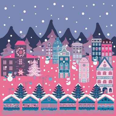 Vektör çizim. Desen evler. İllüstrasyon mavi, pembe ve nötr renkler.