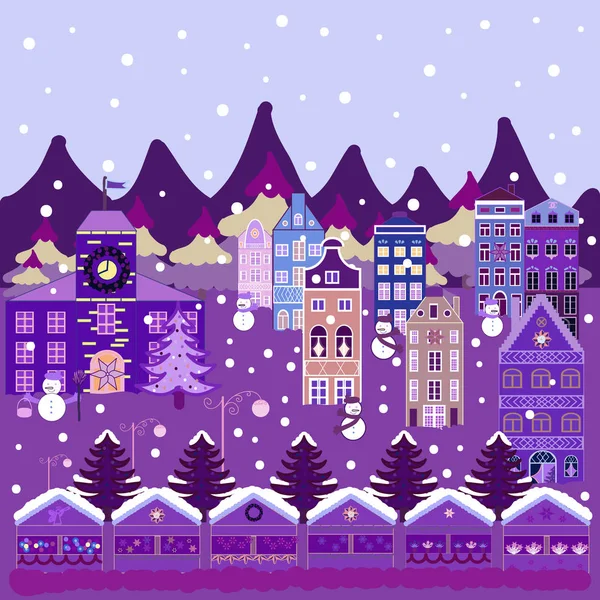 Dibujo Dibujos Animados Vectoriales Casas Suburbanas Navidad Con Hacer Muñeco — Vector de stock