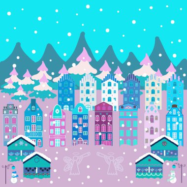 Vektör desen evleriyle. Mavi, tarafsız ve beyaz renkler resim.