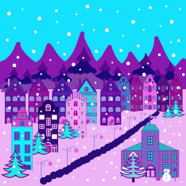 Dekore ev amazing Noel Noel mavi, mor ve pembe renk büyülü orman ve tepeler dekore edilmiştir. Olağandışı christmas illüstrasyon kartpostal. Vektör.