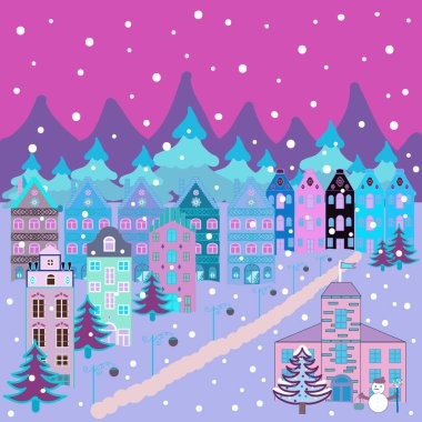 Renkli sevimli açık havada manzara. Serbest çizilmiş karikatür tarzı. Mavi, menekşe ve nötr renkler üzerinde kırsal topluluk. Tepeler arasında. Vektör Köyü kırsal sahne arka plan.