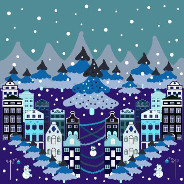 Peri ev şaşırtıcı Noel stili dekore edilmiştir. Mavi, mor, gri ve nötr renkler kartpostal. Büyülü ormanda manzara. Olağandışı christmas illüstrasyon. Vektör çizim.