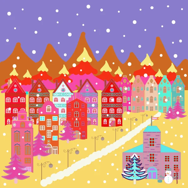 Frohe Weihnachtskarte Mit Haus Frohes Neues Jahr Niedliche Gebäude Violetten — Stockvektor