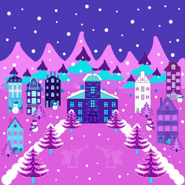 Vektör çizim. Kış ev Noel ve yılbaşı için kağıt ve mor, pembe ve mavi renkler dekor ambalaj kumaşlar.