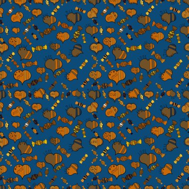 Mavi, kahverengi ve turuncu zemin üzerine şeker. Düz stil vektör çizim. Oyun, kartpostal, davet ve web tasarımı için. Sorunsuz şekerler.