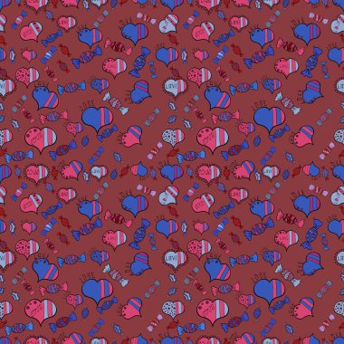 Kırmızı, mavi ve pembe renkler. Şeker vektör doodle. Suluboya tatlılar şekerlemeler ile Seamless modeli.