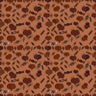 Vektör. Kahverengi, siyah ve gri arka plan ile şirin el çekilmiş tatlı illüstrasyon seamless modeli.