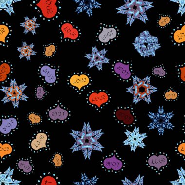 Sevgiliye arka plan. Siyah, mavi, mor zemin üzerinde küçük kalpler ile Seamless modeli. Aşk Romantik tema. Doku soyut, fayans tekrar et. Vektör. Dekorasyon, Hediyelik kağıt, tekstil tasarım.