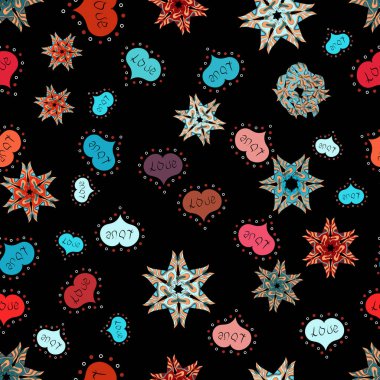 Karalamalar ve bukleler. Vektör. Arka plan ile süs eşyaları, kalpleri üzerinde siyah, mavi ve nötr renkler. Seviyorum. Sorunsuz mutlu sevgililer günü ve düğün tasarım öğeleri. Davet, menü, el ilanı, şablon.