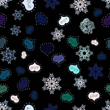 Vektör süslü aşk şekil Dikişsiz desen arka plan. Sevgililer günü. Siyah, mavi ve gri.