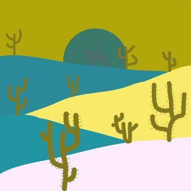 Düz tasarım stili. Vektör çizim. Kaktüs ve dağlar, çöl yatay. Doğal kumtaşı. Arka plan sarı, mavi ve nötr renkler üzerinde.