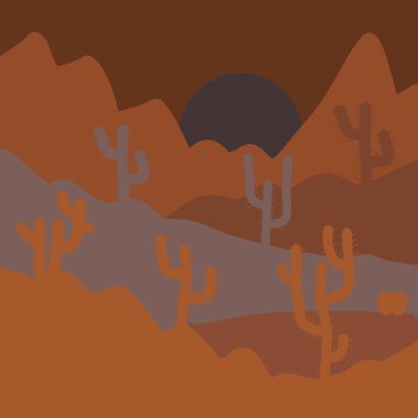 Kum kaktüs ile. Vahşi kaktüs çöller üzerinde. Şık kahverengi ve turuncu renkler. Vektör çizim.