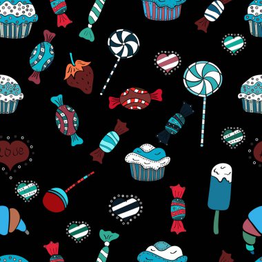 Sulu boya resimde siyah, mavi ve beyaz renkler. Vektör. Şekerler sorunsuz arka plan üzerinde.