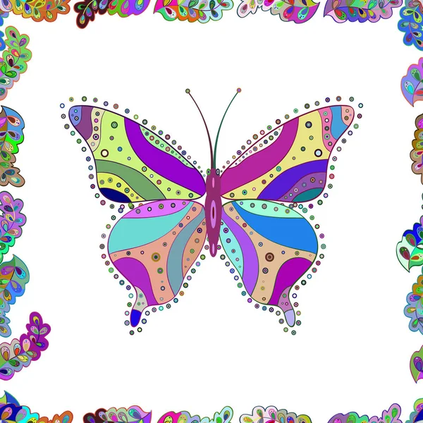 时尚漂亮的面料设计 矢量插图 装饰手画蝴蝶 图片在白色 蓝色和紫罗兰色 — 图库矢量图片