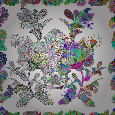 Vektör moda kumaş deseni. Düz çiçek öğeleri tasarım. Bahar Tema Dikişsiz desen arka plan rengi. Beyaz, tarafsız ve yeşil renklerle sevimli çiçek deseni.