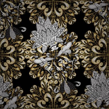 Geleneksel klasik altın desen. Siyah, beyaz ve bej renkleri altın elemanları ile altın izi. Vektör şark süsleme. Barok tarzında dekoratif şark süsleme.