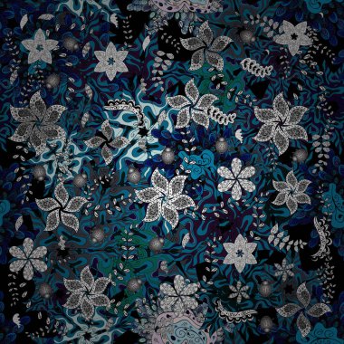 Vektör çizim. Kartları, davetiyeler, tarihi kartları ve daha birçok kaydetmek için kullanılabilir. Sorunsuz dekoratif arka plan. Siyah, mavi ve gri renkler. Doodles'ın.