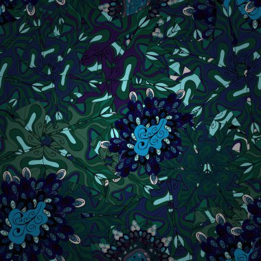 Moda için zarif dekoratif süsleme baskı, karalama defteri, ambalaj kağıdı, duvar kağıdı. Mavi, yeşil ve siyah renkleri vektör çizim resimleri.