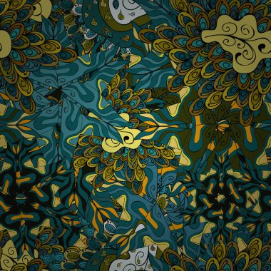 Kağıt ambalaj için karalamalar desen. Mavi, siyah, yeşil ve sarı renkler. Dikişsiz desen arka güzel plan. Vektör çizim.