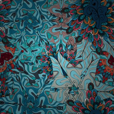 Dikişsiz desen baskı. Vektör. Doodles'ın mavi, siyah ve gri renkler. Tasarım. Güzel kumaş deseni. Düz öğeleri.