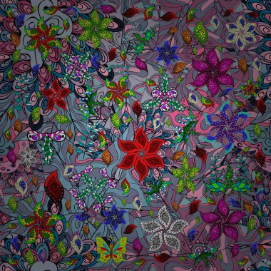 Sorunsuz çiçek desenli vektör çizim içinde. Tarafsız, mavi ve siyah renkler çiçekler.