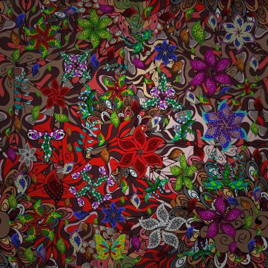 Düz çiçek öğeleri tasarım. Yaz tema Dikişsiz desen arka plan rengi. Kahverengi, siyah ve kırmızı renk çiçekler. Modaya uygun kesintisiz olarak çiçek desen vektör çizim.