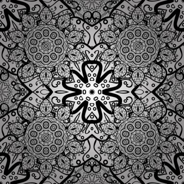 Kına dövmesi, şirin etiketleri, tasarım, mehndi ve yoga ile süs çiçek öğeleri kartları ve yazdırır. Beyaz, siyah ve gri renkler sevimli elemanları ile desen. Vektör şirin mehndi seamless modeli.