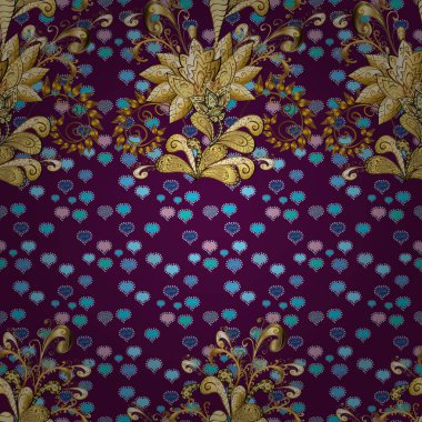 Kusursuz kraliyet lüksü, altın barok kumaş rengi. Altın antika ortaçağ dekoratifi, yapraklar ve mor, nötr ve mavi renklerde altın desenli süslemelerle kusursuz desen..