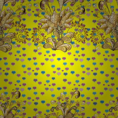 Noel, kar tanesi, yeni yıl. Sarı, mavi ve kahverengi renkleri altın elemanları ile altın seamless modeli. Sarı, mavi ve kahverengi renkleri altın elemanları ile sorunsuz vintage desen.